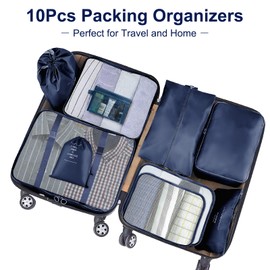 10 Set Packing Cubes for Suitcases, Packing Cubes Travel Essentials Organizer Bags, Travel Organizers for Family, Navy Blue