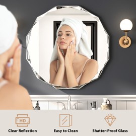 MUAUSU Frameless Scalloped Wall Mirror for Bathroom - Round 24'' X 24'' X 1" Beveled Edge Frameless Bathroom Mirror