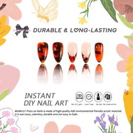 Press on Nails Medium Almond MABKJLF French Tip Fake Nails False Nails with Designs Ink Smudge Black & Orange Full Cover Glossy Glue on Nails Acrylic Nails for Women Girls 24 Pcs