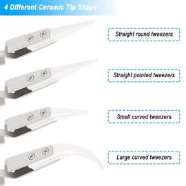 ZHUROUPU 4 Pcs Reverse Tweezers, Precision Ceramic Stainless Steel ESD Tweezers Non-Conductive Heat Resistant Anti-Magnetic Pointed & Curved Tip Tweezer for Solder, Pinching Coils, Electronic (Silver)