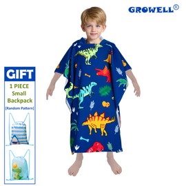 growell Hooded Kids Beach Towels - Toddler Bath Towel Girls Boys Swim Cover-ups for Ages 4 to 10 Kids Pool Towels Quick Dry Lightweight Soft Microfiber Poncho 30x30 with Bag (Dinosaur Blue)