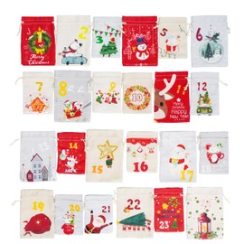 24 Pieces Christmas Countdown Bag with Drawstrings Small Christmas Gift Goody Bags for Xmas Holiday New Year Party Favors Supplies, 24 Designs Advent Calendar Bags