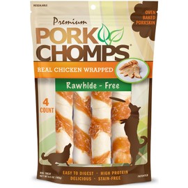 Pork Chomps Baked Pork Skin Dog Chews, 6-inch Twists, Real Chicken Wrap, 4 Count