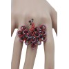 Unbranded Women Peacock Ring Red Pink Animal Feathers Metal Elastic