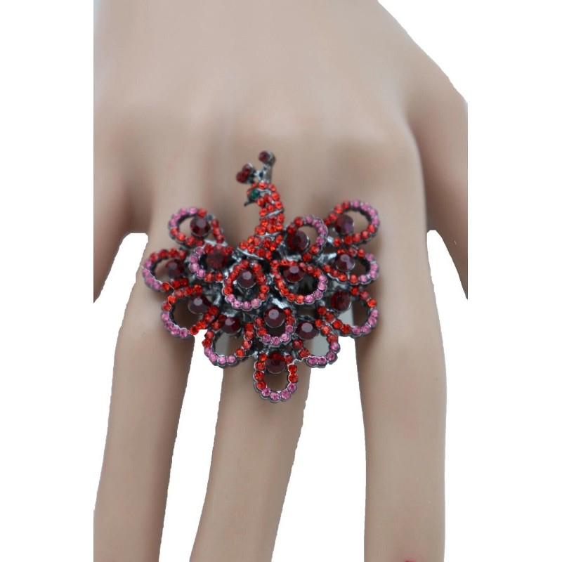 Unbranded Women Peacock Ring Red Pink Animal Feathers Metal Elastic