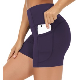 THE GYM PEOPLE - Pantalones Cortos de Yoga de Cintura Alta para Mujer, Control de Abdomen, Fitness, Atletismo, Pantalones Cortos para Correr con Bolsillos Profundos, Púrpura, Large