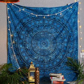 FURNISHFUL FINESSE Tapestry for Bedroom 76 x 102 cm, Mandala Elephant Wall Hanging, Tapestries, Blue Indian Cotton, Beach Throw, Bohemian Hippie Blanket for Home, Living Room, Decoration