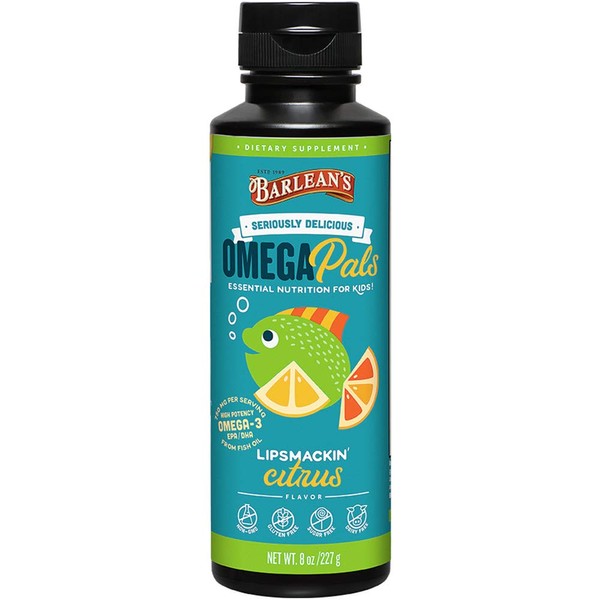 Barlean's Omega Pals Lipsmackin' Citrus Flavored Omega-3 for Kids, Yummy Children's Liquid Fish Oil Supplement with 750 mg of EPA & DHA for Brain & Eye Health, 8 oz
