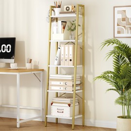 Hzuaneri Ladder Shelf, Bookshelf Bookcase, Freestanding Corner Storage Shelve with 2 Hooks for Home Office, Living Room, Kitchen, Bedroom, Industrial, 5-Tier White Gold BC19213G