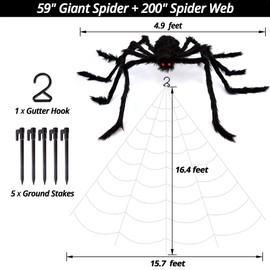 200" Halloween Spider Web & 59" Giant Spider Decorations