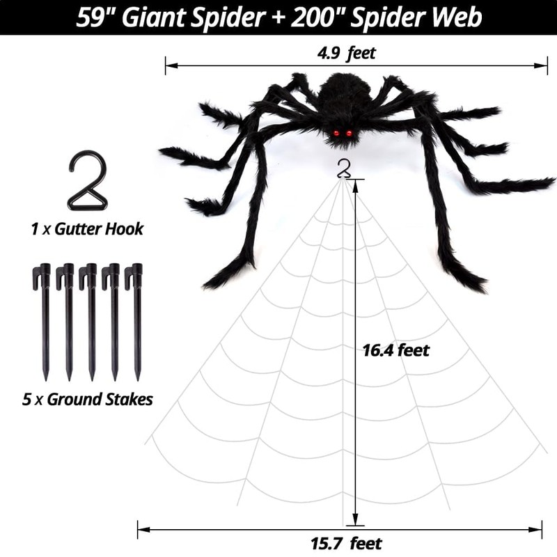 200" Halloween Spider Web & 59" Giant Spider Decorations