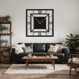 SIGNLEADER Metal Wall Clock Decor Wall Art Silent Battery Operated, Bold Quadrilateral Roman Numeral Wall Sculpture Clock Hanging Home Decoration for Living Room Bedroom, Bathroom Kitchen - 24" Black