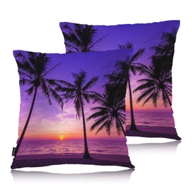 Swono Tropical Beach Throws Pillows Covers for Couch, Sunset Ocean Beach Palm Trees Decorative Pillow Cases for Men Women, Comfortable Pillow Cushion Cover Pack of 2 18"X18" for Home Sofa Bed Purple