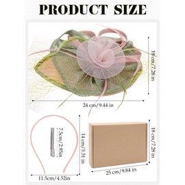 Zinniday Derby Fascinators Hat for Women - Pink and Green Feather 1920s Kentucky Hats with Detachable Headband for Lady Girls Prom Outfit Headwear, (9.64“x7.87” / Head Circumference 21.5“-23.5”)