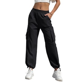 Women's High Waisted Cargo Pants Baggy Trendy Hiking Parachute Pants with Pockets Y2K Cargo Trousers Drawstring Ankles Black
