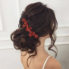 BERYUAN Women Girls Red Rhinestone Hair Comb Teardrop Rhinestone Wedding Hair Comb Gold Wedding Headband Princess Bride Headpiece for Women Girls (RED)