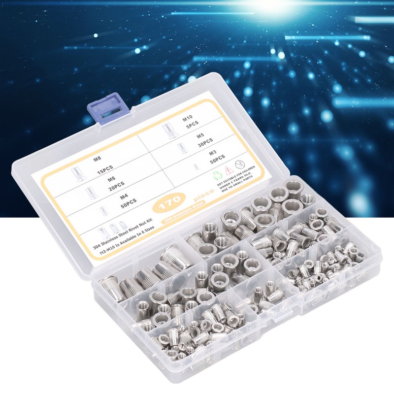 170pcs M3‑M10 304 Stainless Steel Rivet Nuts Durable Flat Head