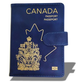 RedDeer Canada Passport Holder Wallet Premium PU Leather Travel Passport Wallet RFID Blocking Passport Cover Case Travel Documents Organizer with Pen Holder, for Women and Men (CAN- Blue)