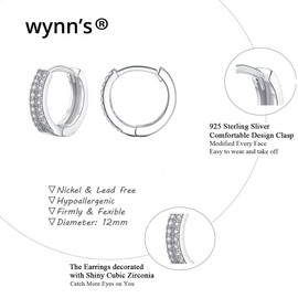 Wynn's Sterling Silver Hoop Earrings with Cubic Zirconia, Small Sleeper Huggie Hinged Earrings
