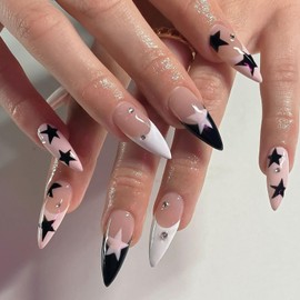 24 Pcs French Tip Press on Nails Medium Almond RIICFDD Y2K Fake Nails with Star Designs Summer False Nails Pink Full Cover Glossy Stick on Nails for Women and Girls Acrylic Nails