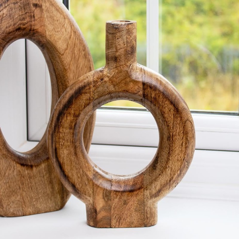 Round Donut Vase Mango Wood Rustic Country Flower Bud Decorative