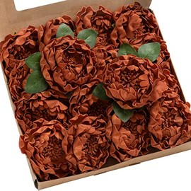 Ling's Moment Flowers 16pcs Burnt Orange Rust Blooming Peonies Artificial Flowers with Stem, Artificial Peony Flowers for DIY Wedding Decorations Centerpieces Bouquets Boutonnieres