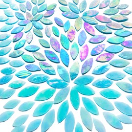KALUCION 120 Pcs Iridescent Aqua Mosaic Tiles, Hand Cut Stained Glass Petals, Floral Mosaic Tiles, Tiffany Glass Flower Petals Supplies Kit for Mosaics and Crafts, Mixed Sizes