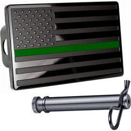 5"x3" American Black Flag Metal Hitch Cover (Fits 2.5" Receiver, Black with Green Line)