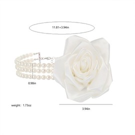 Statement Large Rose Flower Pearl Choker Necklace, Vintage Y2k Fabric Camellia Floral Layered Pearls Chain Necklaces for Women Aesthetic Jewelry Gifts (White)