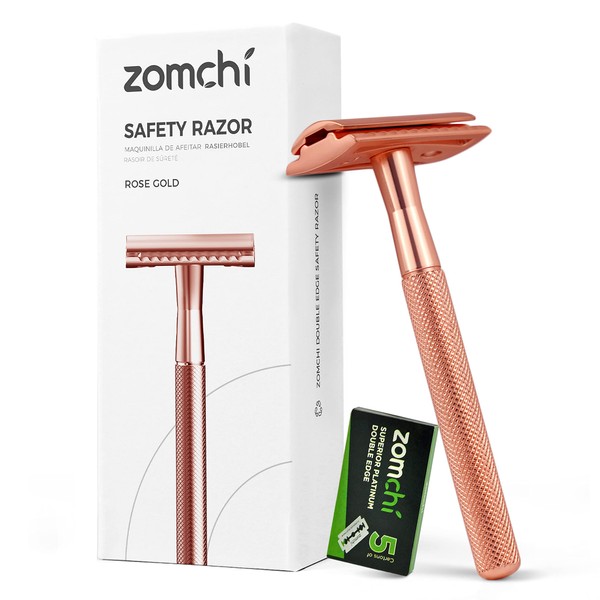Women's Double Sided Safety Razor with 5 Razor Blades, Women's Razor with Beautiful Box, Suitable for All Double-Sided Razor Blades, Free from Plastic (Rose Gold)
