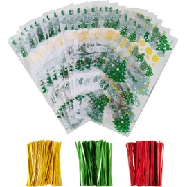 Boao 100 Pieces Cellophane Bags Cute Treat Bags Clear Goodies with 150 Pieces Twist Ties for Party Supplies(Christmas Style 8)