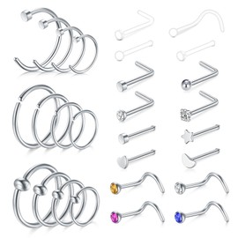 LAURITAMI Nose Piercing Spiral Nose Stud L Shaped Screw Set 20G Stainless Steel Nose Ring Nostril Piercing Silver Diamond, Stainless Steel