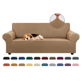 KEKUOU Stretch Sofa Cover Slipcover ，Couch Covers for 3 Cushion Couch Sofa pet Friendly (79"-94") Furniture Protector Sofa with Elastic Bottom for Kids,Dog, Jacquard Small Checked(Large,Camel)