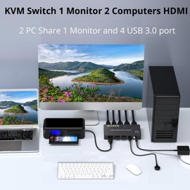 KCEVE 4K KVM Switch 1 Monitors 2 Computers HDMI, USB 3.0 KVM Switch 2 Ports 4K@60Hz for 2 Computer Share Keyboard Mouse, with Wired Remote