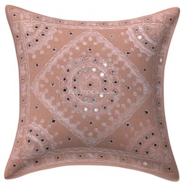 DK Homewares Indian Sofa Decorative Cushion Covers 40 x 40 cm Peach Cotton Embroidered Cushion Covers Home Home Decor Mirrored Square Bohemian Cushion Covers - Set of 5 (Cover Only)
