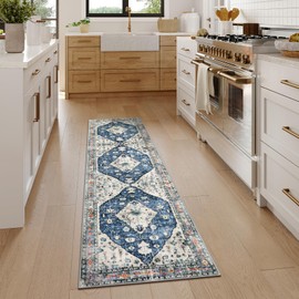 Lahome Boho Tribal Runner Rug - 2x7 Blue Washable Hallway Runner Rug, Vintage Soft Non Slip Low Pile Kitchen Accent Carpet Runners for Entryway Bathroom Doorway Living Room Bedroom