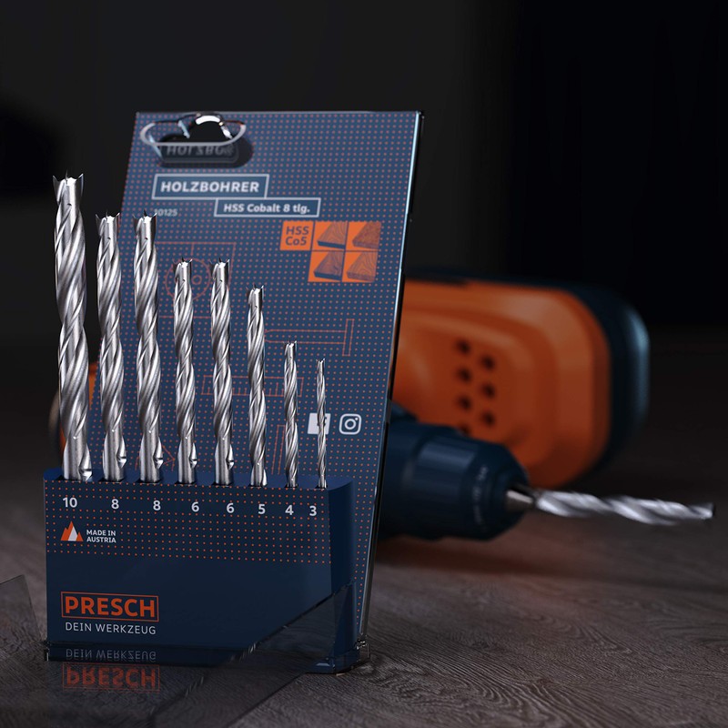 Presch Wood Drill Bit Set HSS Cobalt 8 pcs -