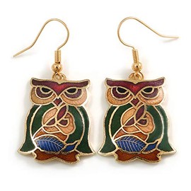 Multicoloured Enamel Owl Drop Earrings In Gold Tone Metal - 45mm Long