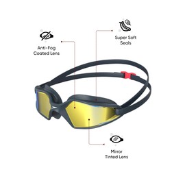 Speedo Unisex Hydropulse Swimming Goggle | Comfortable Fit | Adjustable Design, Navy/Oxid Grey/Phoenix Red/Gold, One Size