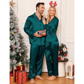 SWOMOG Womens Matching pyjamas Sets Silk Pjs Set with 2 Pockets Long Sleeve Button Down Sleepwear Loungewear Deep Green XX-Large