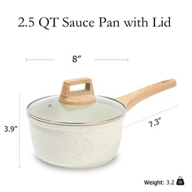 ESLITE LIFE Nonstick Sauce Pan with Lid, 2.5 QT Small Soup Pot Compatible with All Stovetops (Gas, Electric & Induction), PFOA Free, White