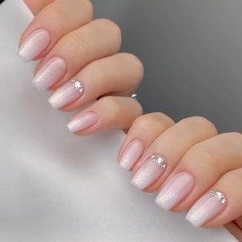 Ombre Pink French Press on Nails Medium Short Coffin KQueenest Crystals Full Cover Glitter Gradient Pink Fake Nails Sparkle Bling Acrylic False Nails Press ons Natural Stick on Nails for Women 24 Pcs