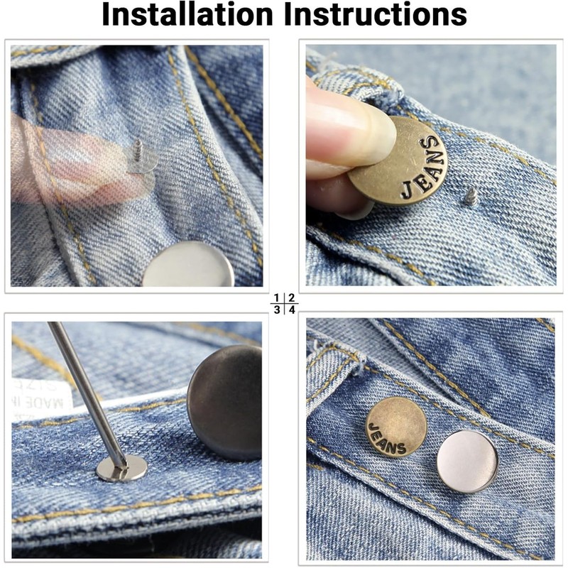 No-Sew Jeans Button Replacement Kit, 10 Sets Metal Snap Tack