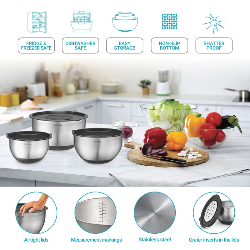 Belwares Mixing Bowls with Lids Set of 5 - Stainless