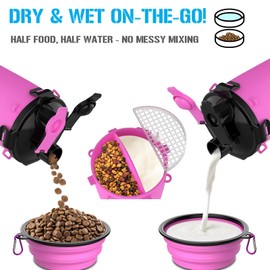 20oz Travel Dog Water Bottle & 2X 12oz Collapsible Bowls [with Crossbody STRP], 2 in 1 Dog Portable Water Food Container, Pet Water Bowl Dispenser for Walking, Traveling, Camping and Hiking [Pink]