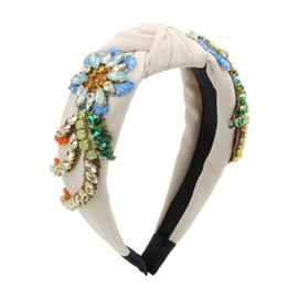 Florate Knotted Crystal Flower Headband for Women Embroidered Rhinestone Floral Luxury Pearl Bead Wide Vintage Hairband Hair Accessories (H1124-beige)