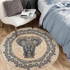 Lacomfy Boho Rug 3.3Ft Round Elephant Bedroom Carpet Circle Farmhouse Living Room Floor Mat Nonslip Dining Room Area Rug Non Shedding Washable Throw Rug for Kids Room Home Decor