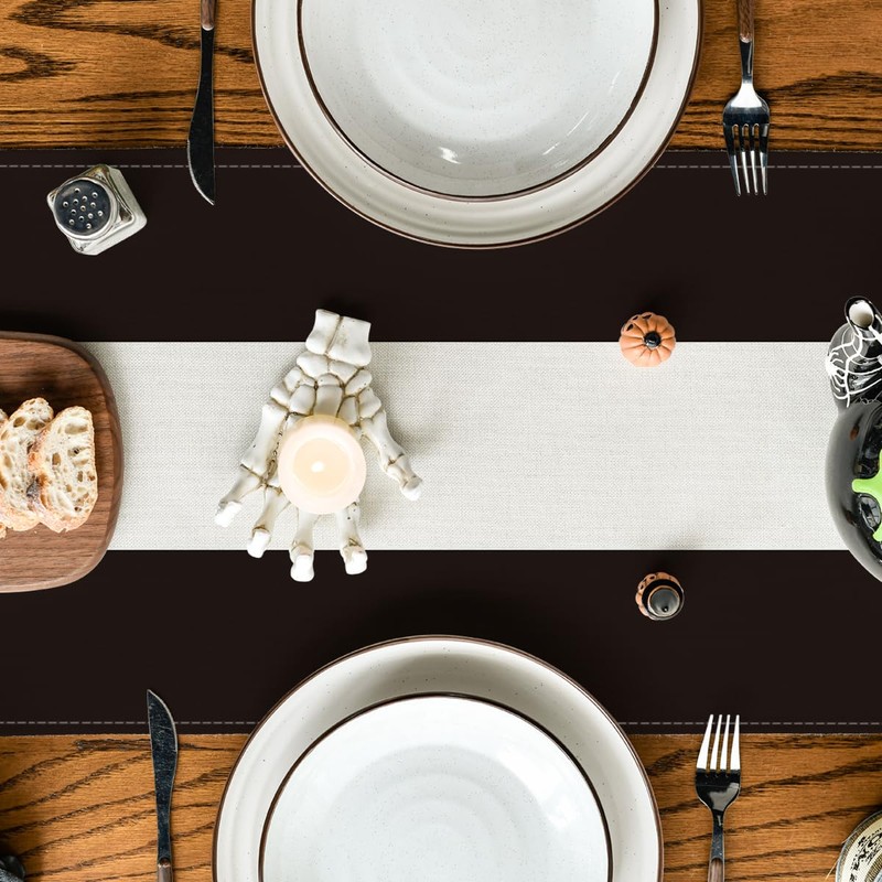 Beige and Black Stripes Table Runner, Halloween Party Kitchen Dining