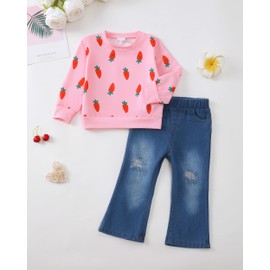 Renotemy Kids Toddler Girl Clothes Fall Winter Outfit Gifts Little Girls Clothing Set Pink Carrot Long Sleeve Sweatshirt Bell Bottom Pants Flare Jeans 2 Piece Matching Denim Outfits 4T 5T Girl Clothes