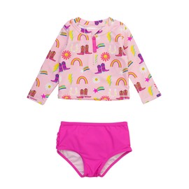 RuffleButts Baby/Toddler Girls Long Sleeve Rash Guard 2 Piece Swimsuit Set w/UPF 50+ Sun Protection with Zipper - Cowgirl Cutie, 18-24m